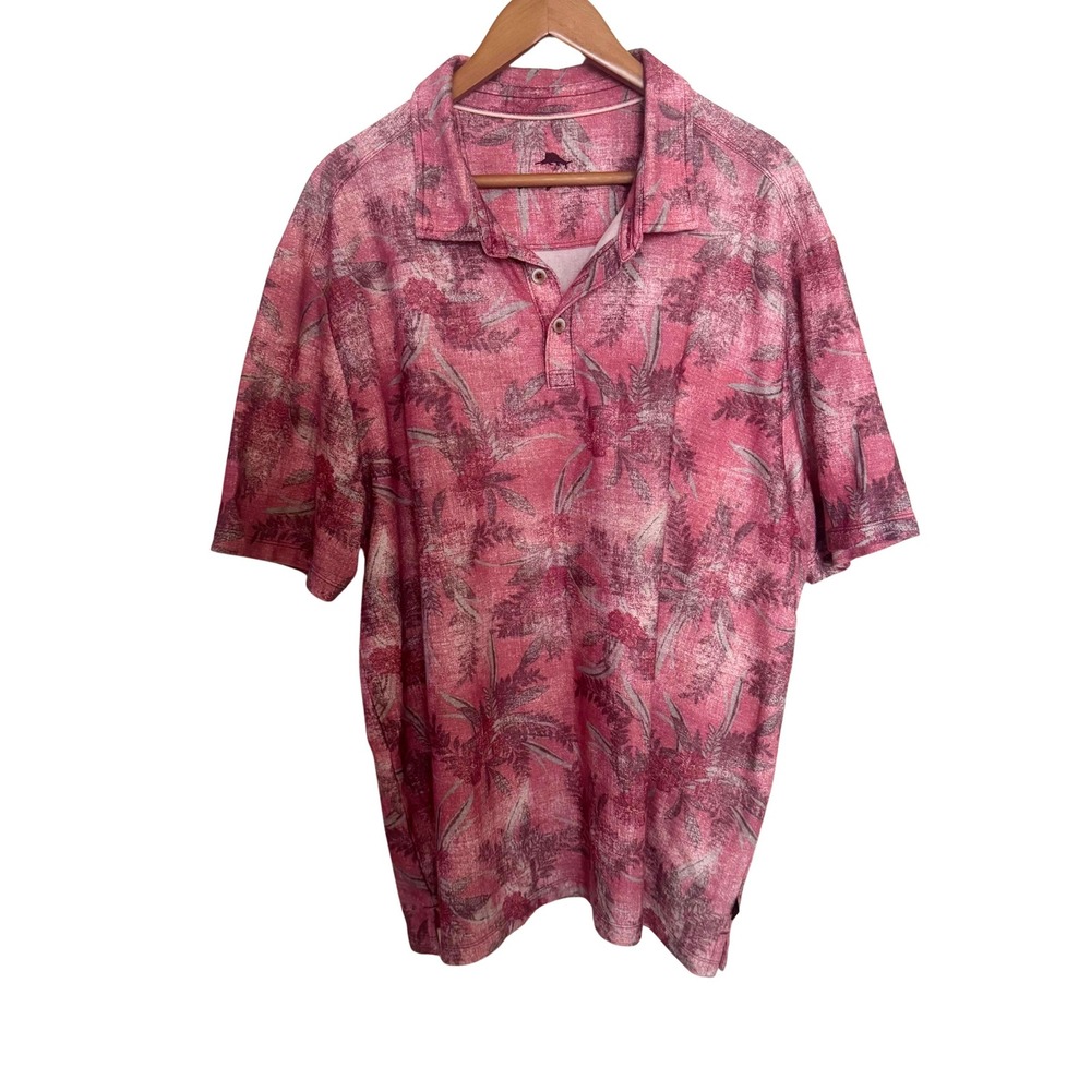 Tommy Bahama Mens XL Pink Tropical Palm Print Short Sleeve Polo Shirt Excellent